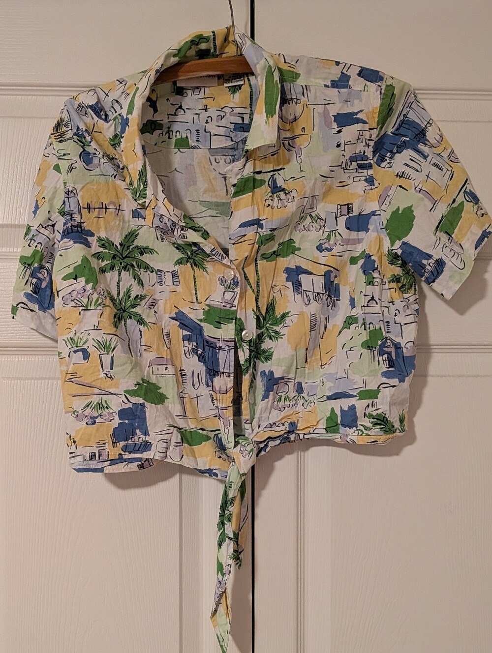 Adult Tropical Print Tie-Front Shirt - Green/Blue/Yellow